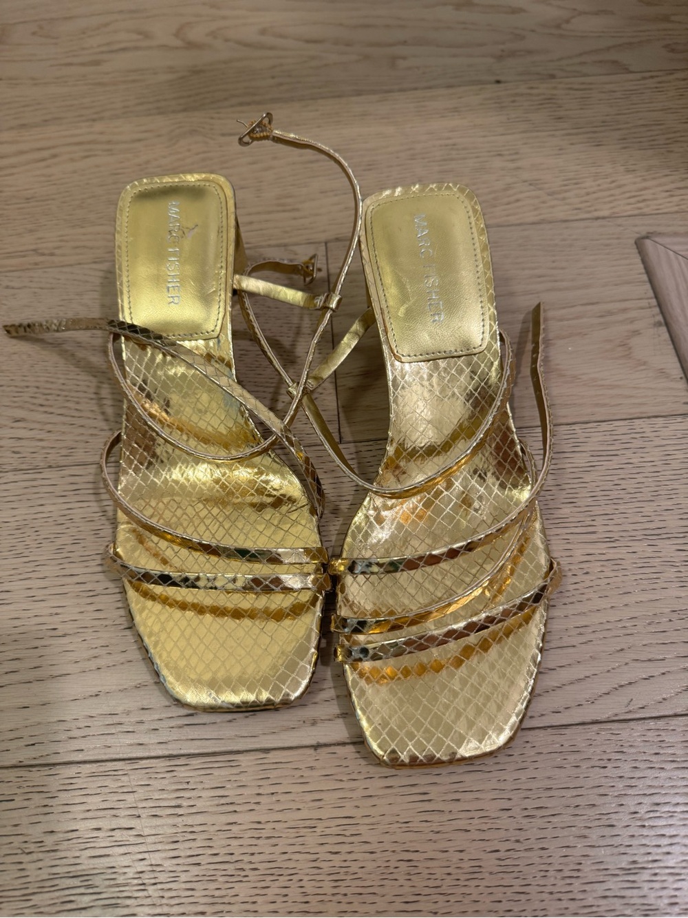 Marc Fisher Gold Snake-Texture Strappy Heels